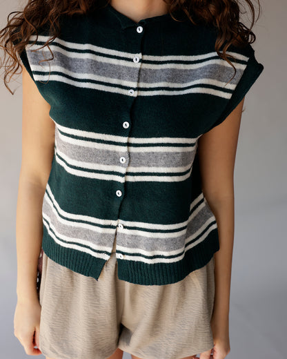 Dark green striped knit cardigan vest with white buttons and ribbed hem