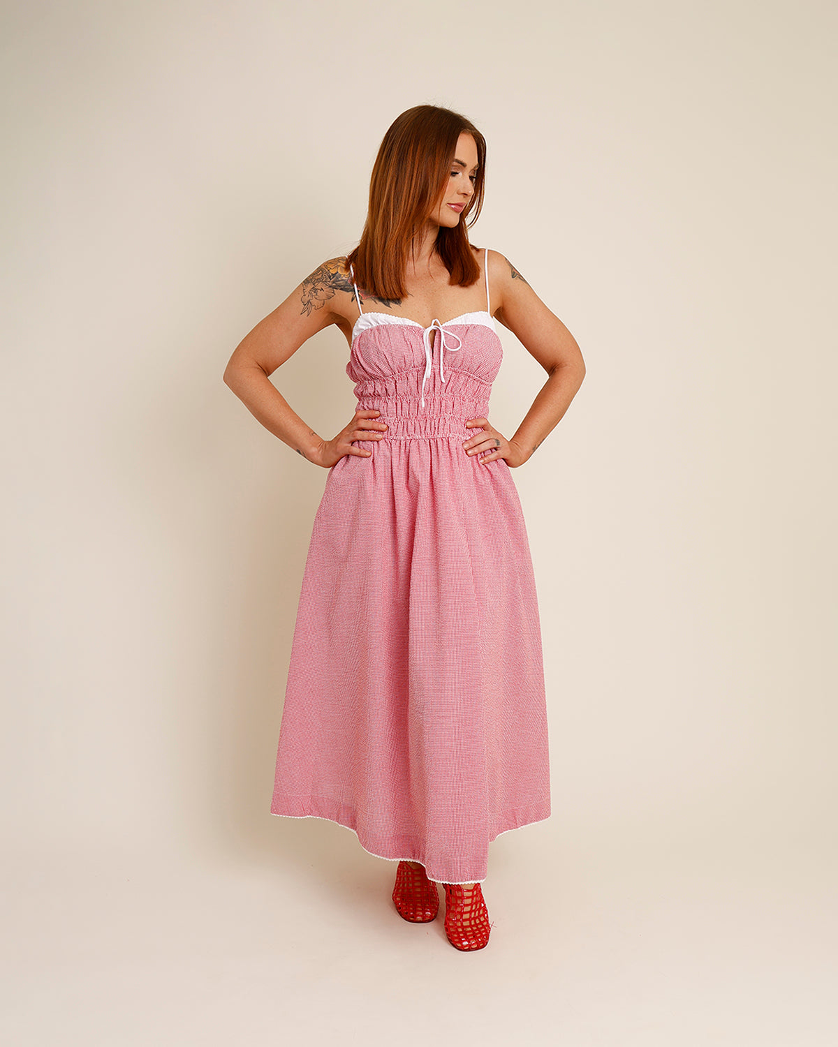 red and white gingham midi dress