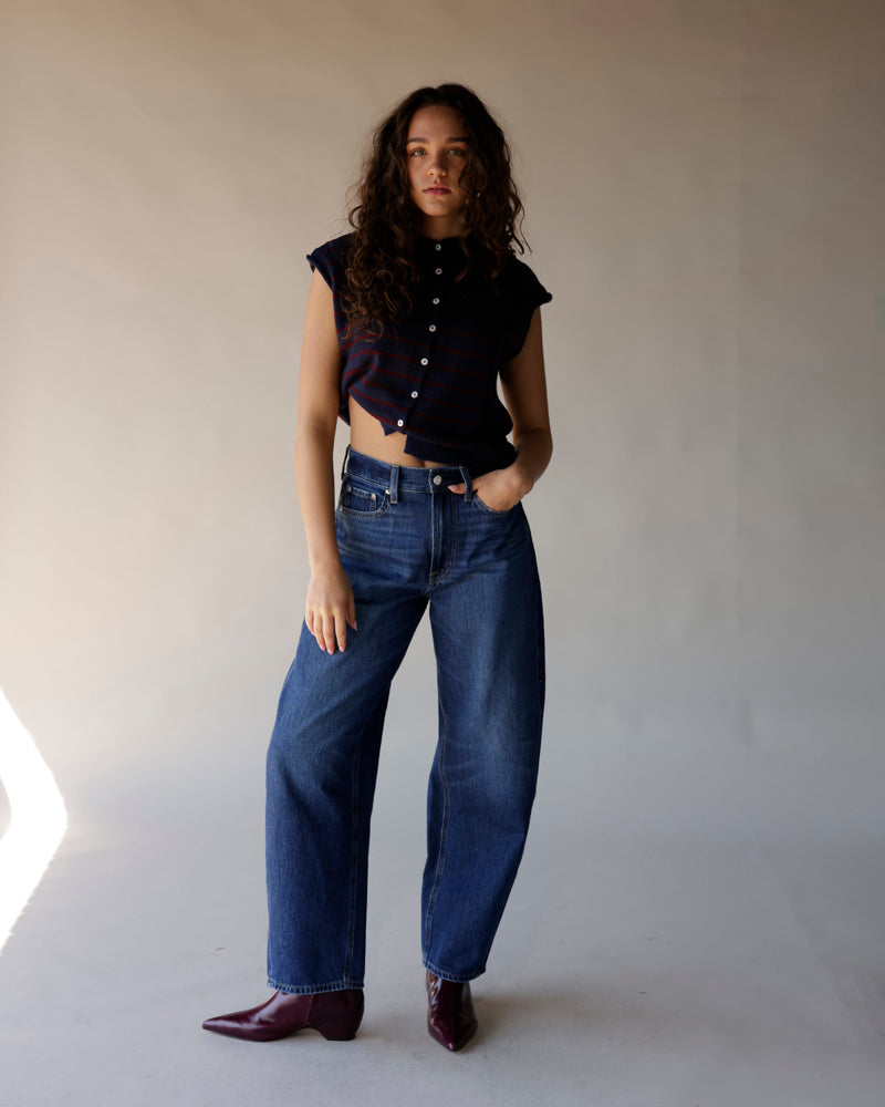 Dark navy cropped sleeveless button-up sweater with subtle stripe detail and frilled trim