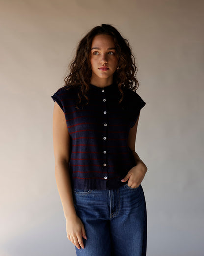 Navy blue striped sleeveless button-front knit sweater vest with red stripes