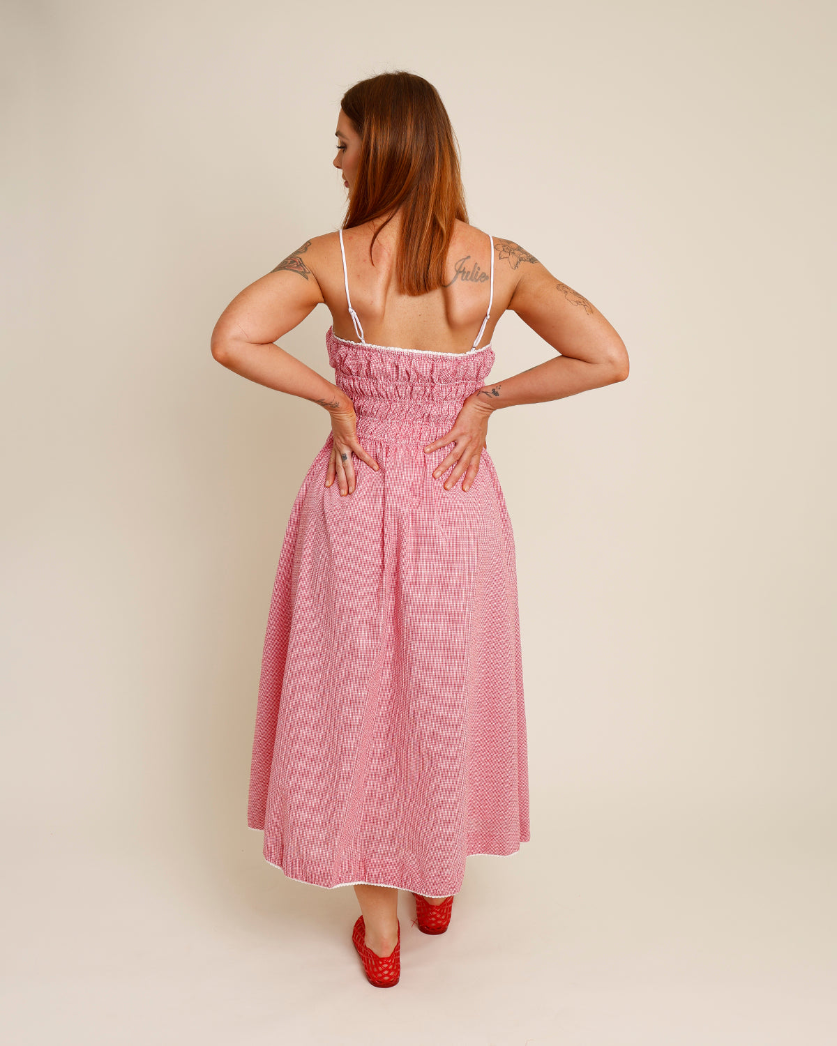 NIA THOMAS RED GINGHAM MIDI DRESS