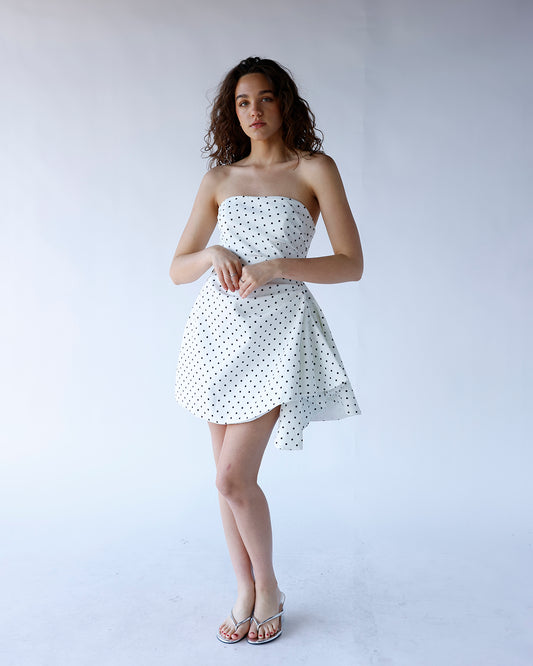 MIDNIGHT DOT STRAPLESS MINI DRESS