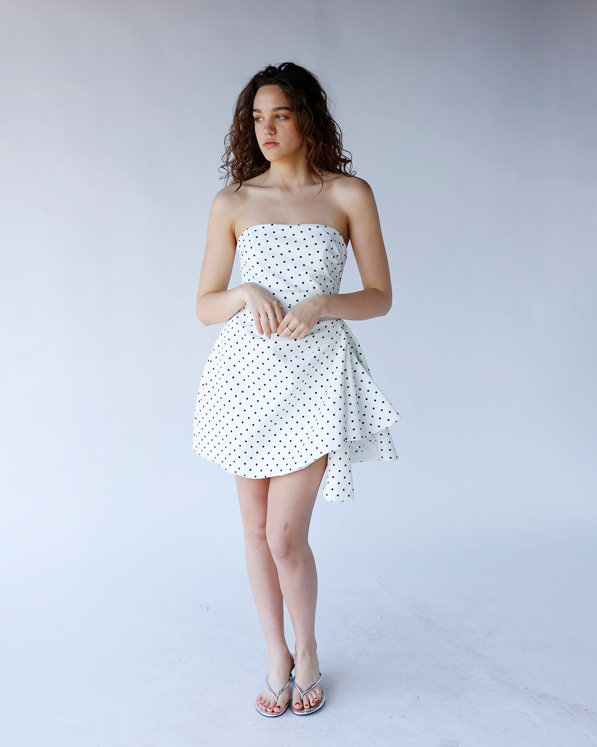 MIDNIGHT DOT STRAPLESS MINI DRESS