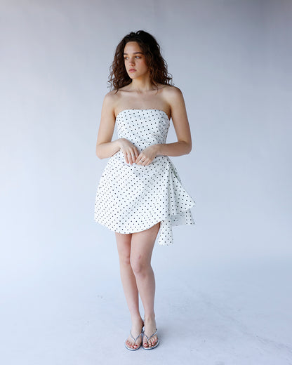 MIDNIGHT DOT STRAPLESS MINI DRESS