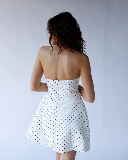 MIDNIGHT DOT STRAPLESS MINI DRESS