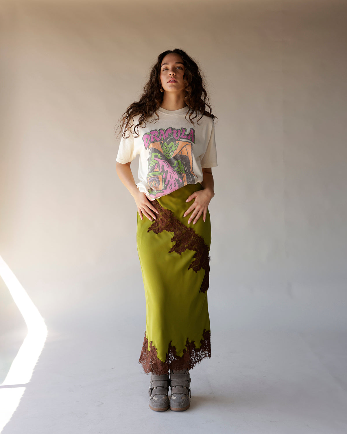 Cream Dracula retro Halloween graphic tee with distressed print, worn oversized