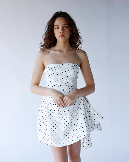 MIDNIGHT DOT STRAPLESS MINI DRESS