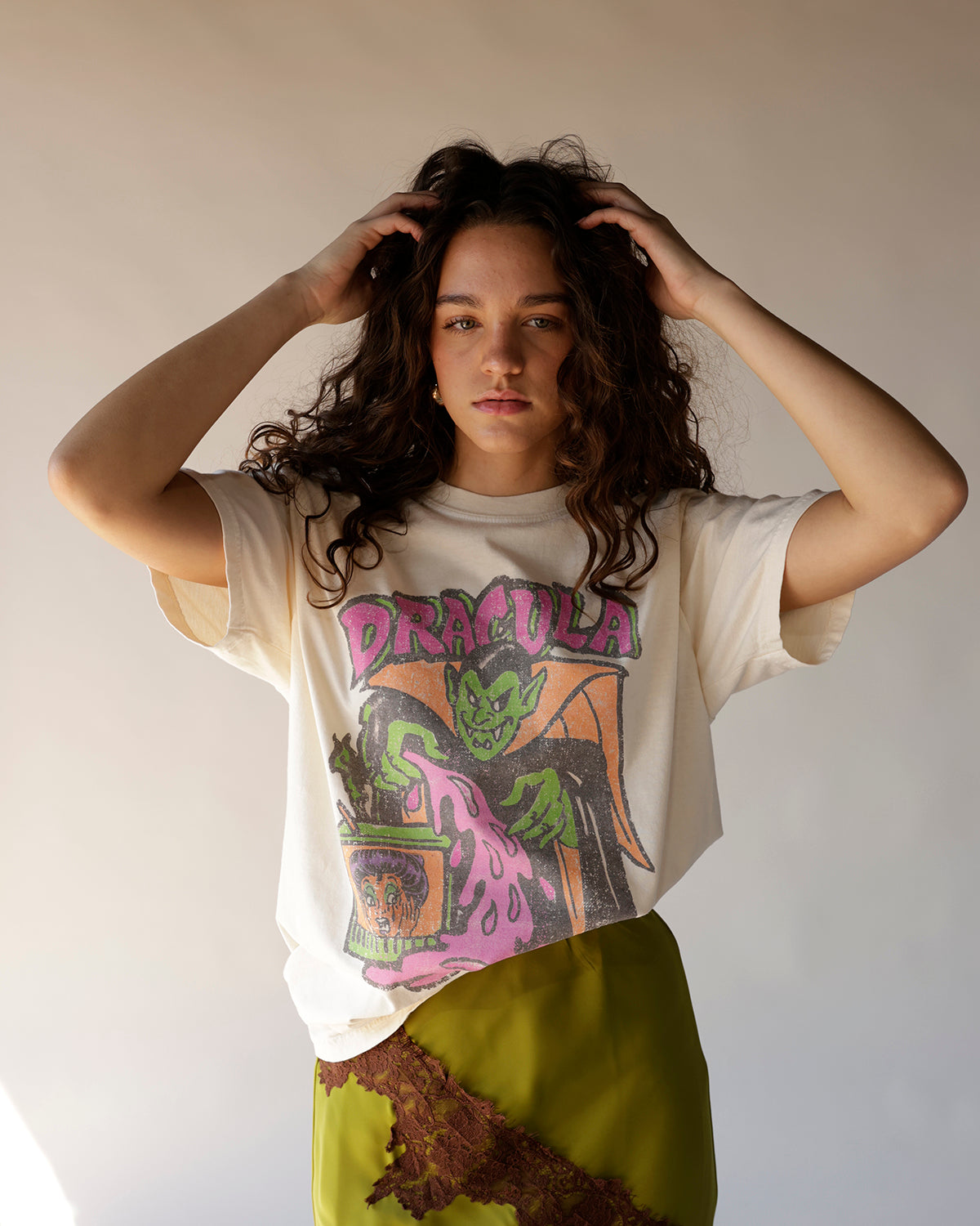 Cream oversized Dracula retro Halloween graphic tee with colorful vintage print