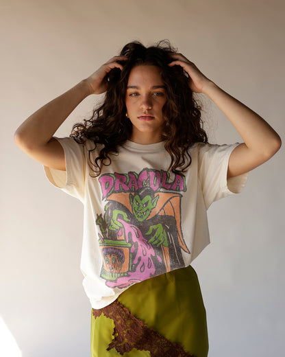 Cream oversized Dracula retro Halloween graphic tee with colorful vintage print