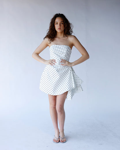 MIDNIGHT DOT STRAPLESS MINI DRESS