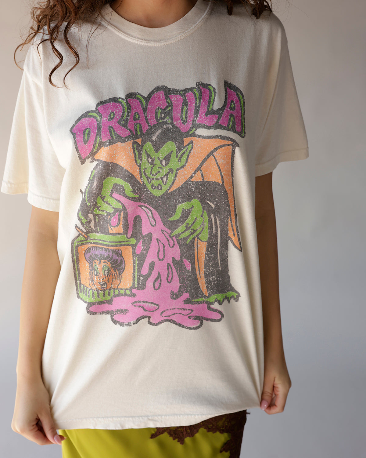 Salty Babe Threads cream Dracula retro Halloween graphic tee with colorful vampire print