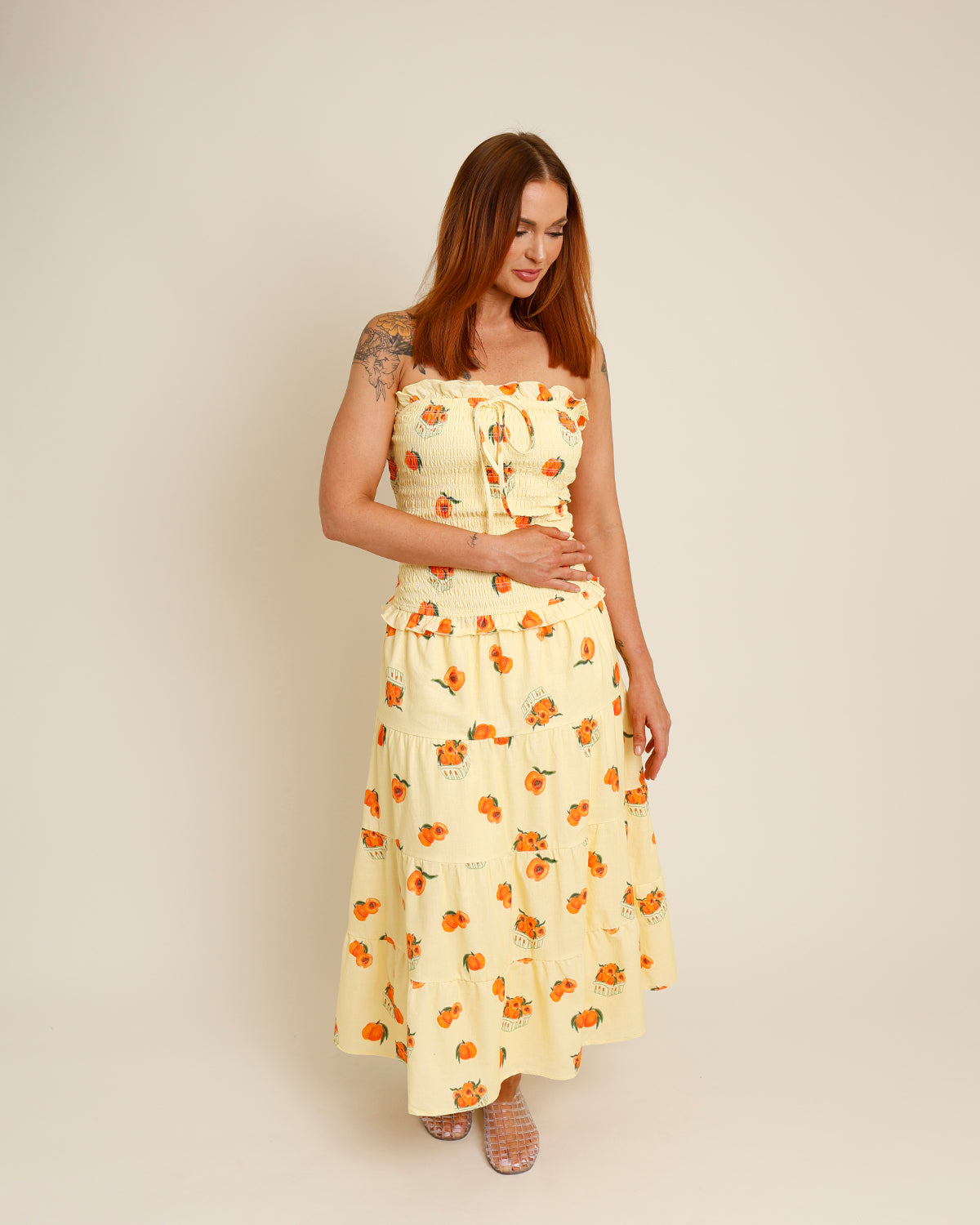 PESCA STRAPLESS TIERED MIDI DRESS