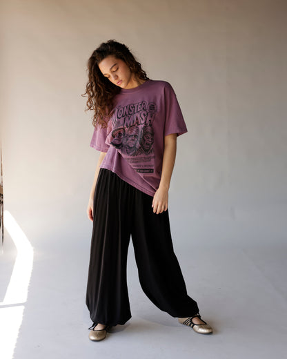Dusty purple Monster Mash graphic tee with vintage horror print, oversized fit