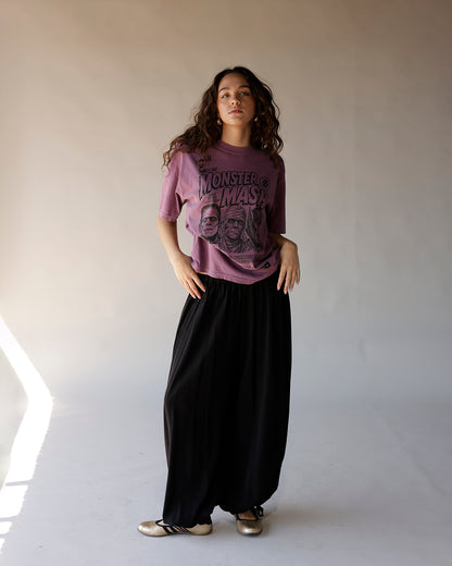 Dusty purple Monster Mash Halloween graphic tee with Frankenstein and mummy print