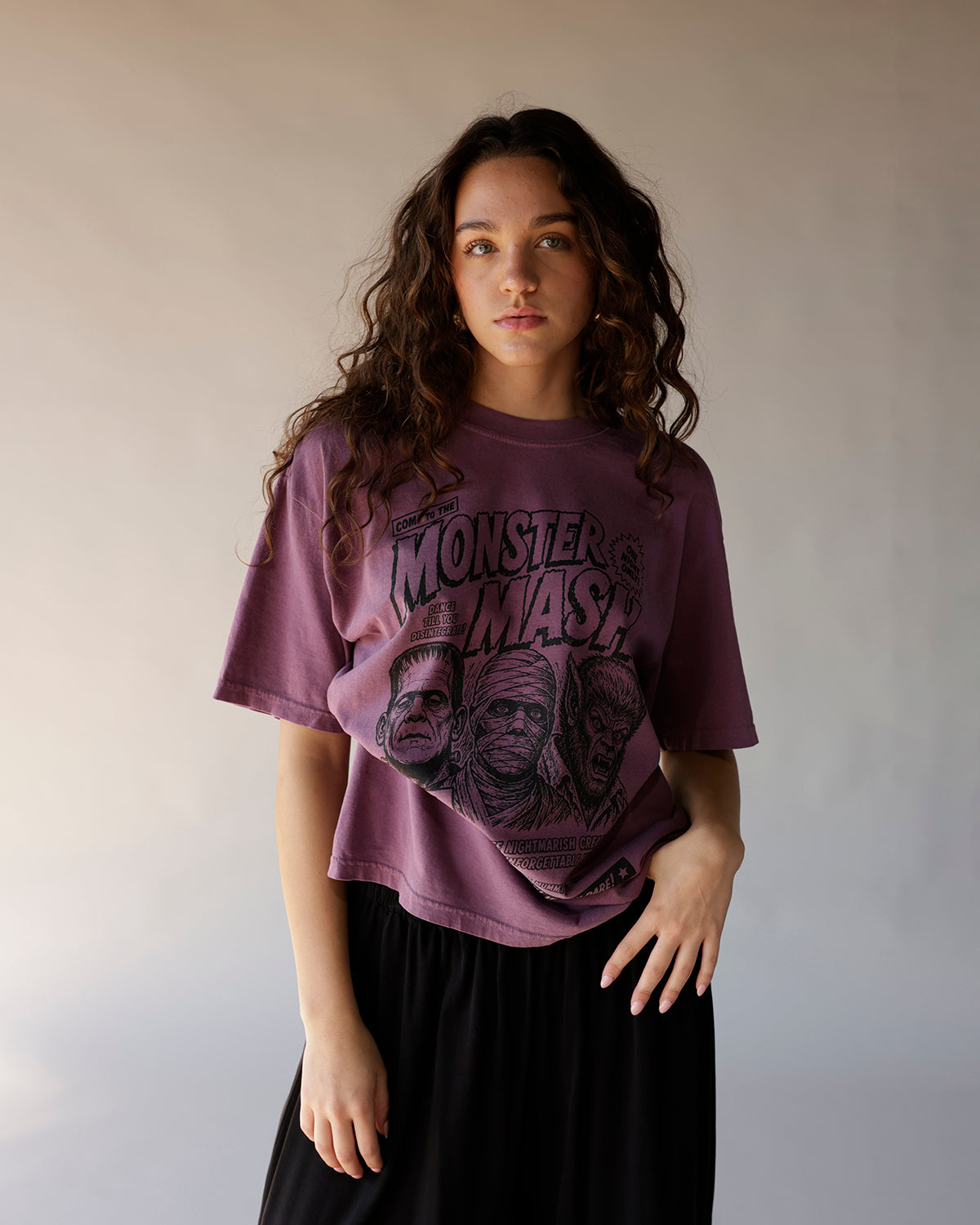 Salty Babe Threads Monster Mash purple graphic tee with classic horror characters