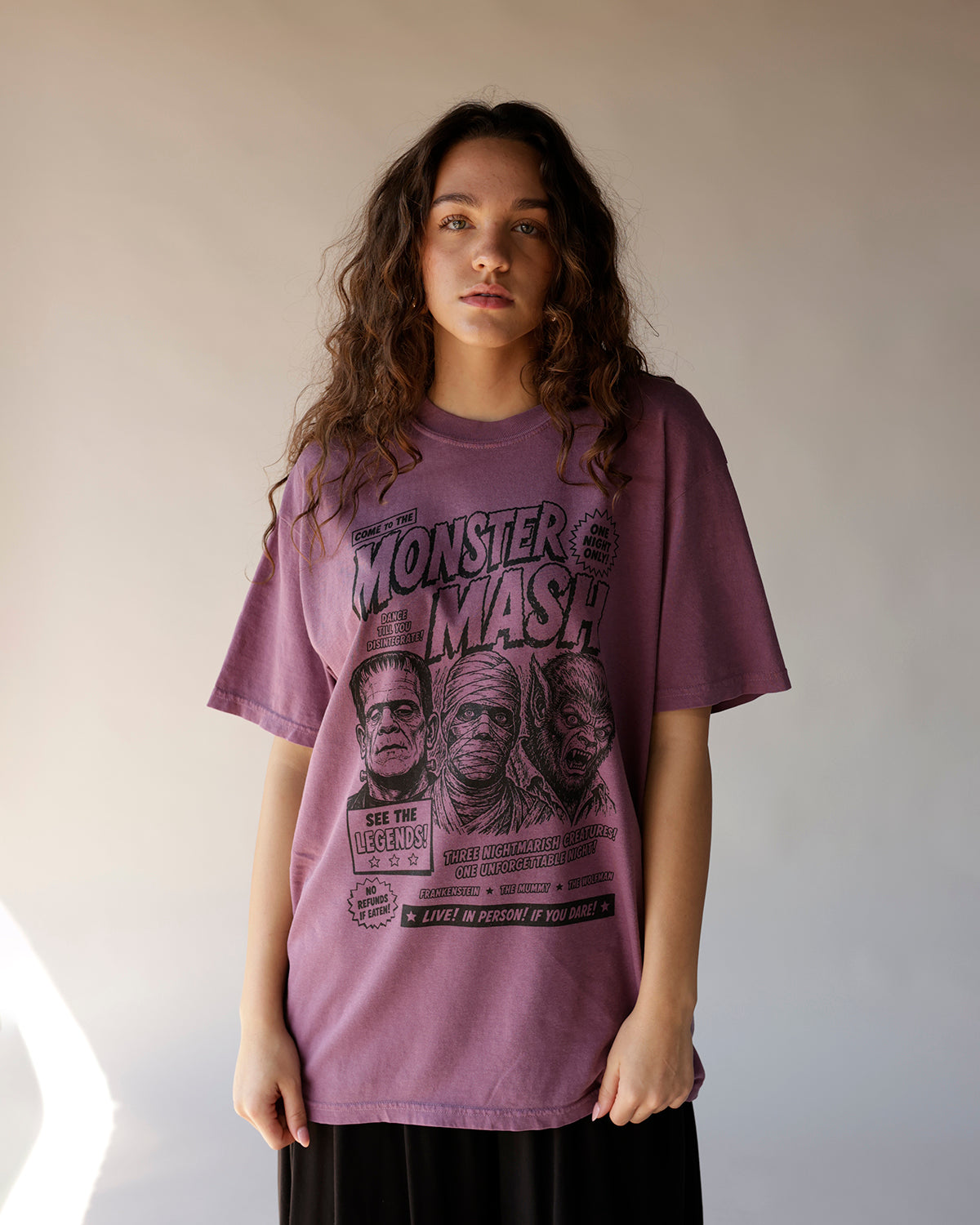 Salty Babe Threads Monster Mash oversized purple graphic tee with vintage horror print