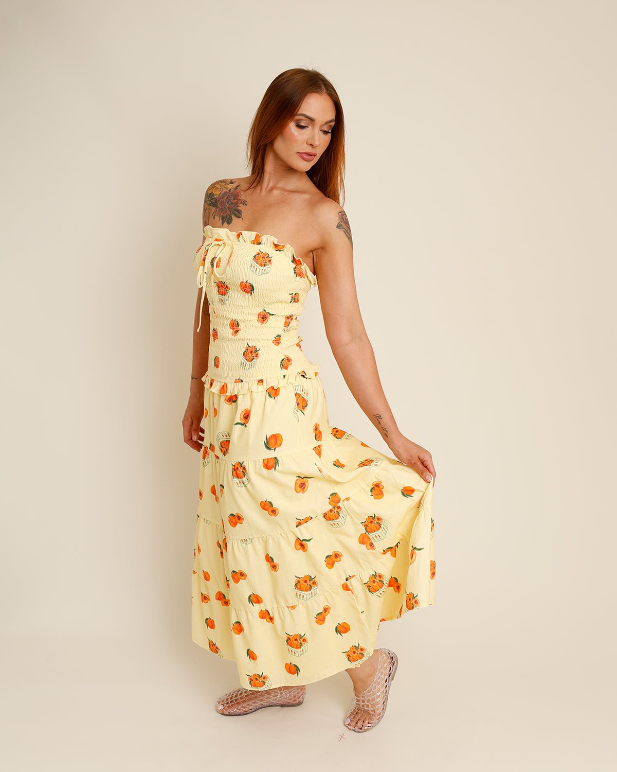 PESCA STRAPLESS TIERED MIDI DRESS