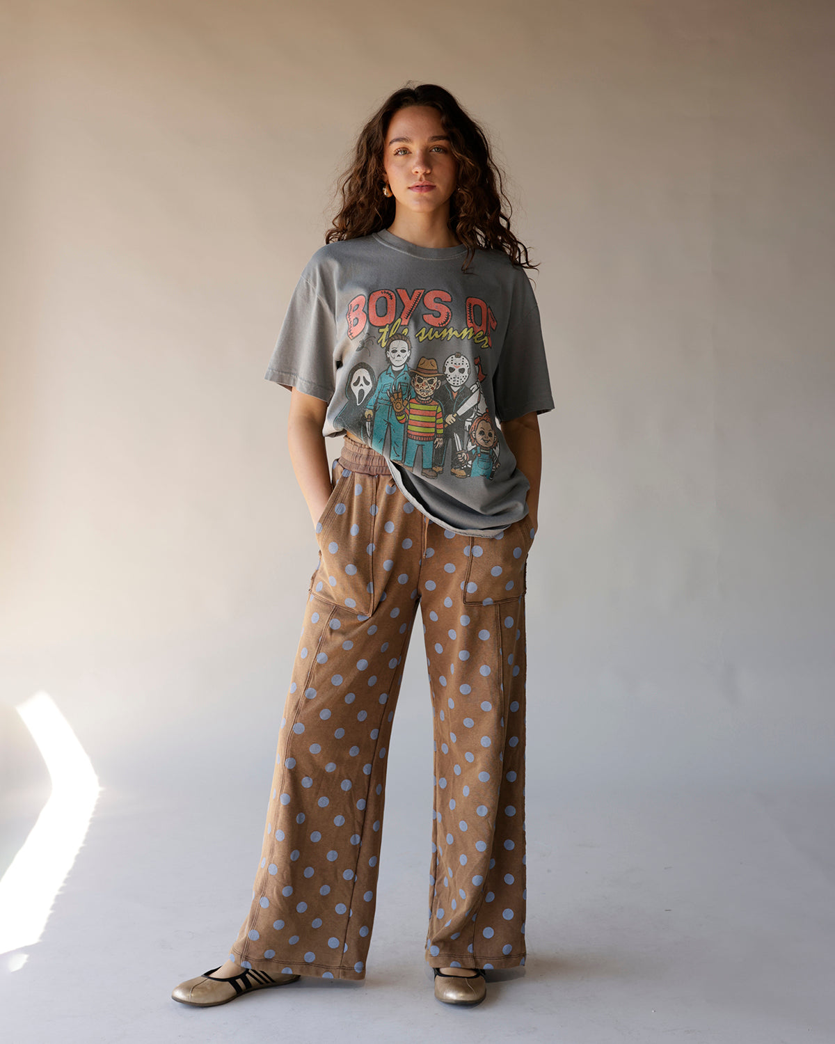 Gray oversized graphic tee featuring cartoon horror movie characters, Boys of the Summer print