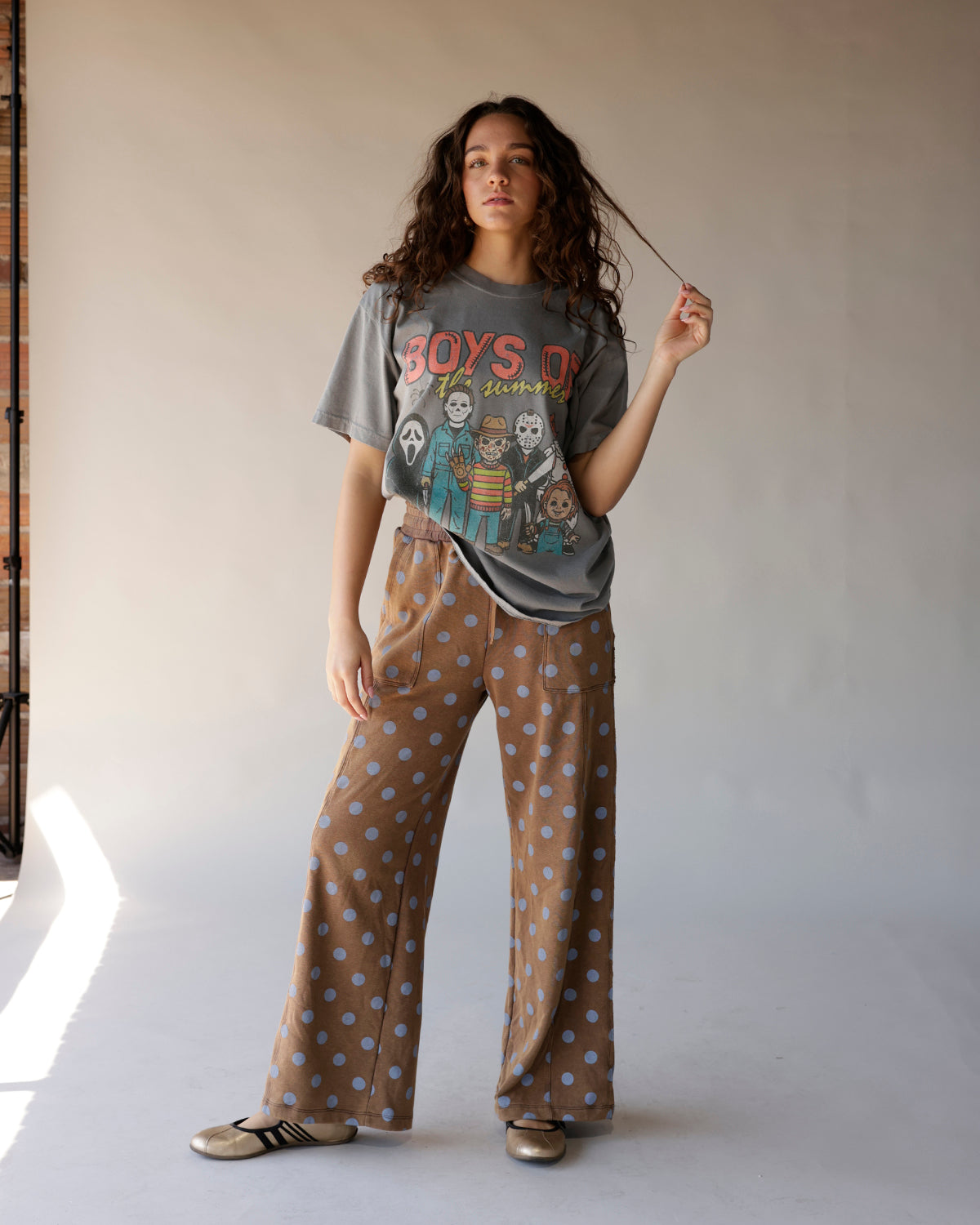 Oversized gray graphic tee featuring horror movie characters, Boys of the Summer print