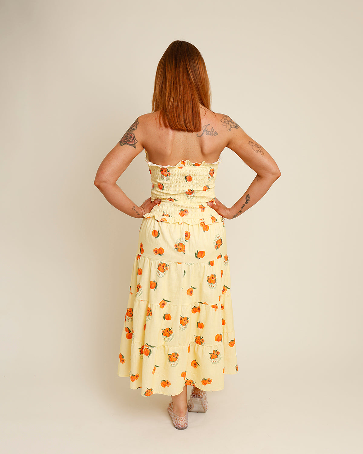 PESCA STRAPLESS TIERED MIDI DRESS