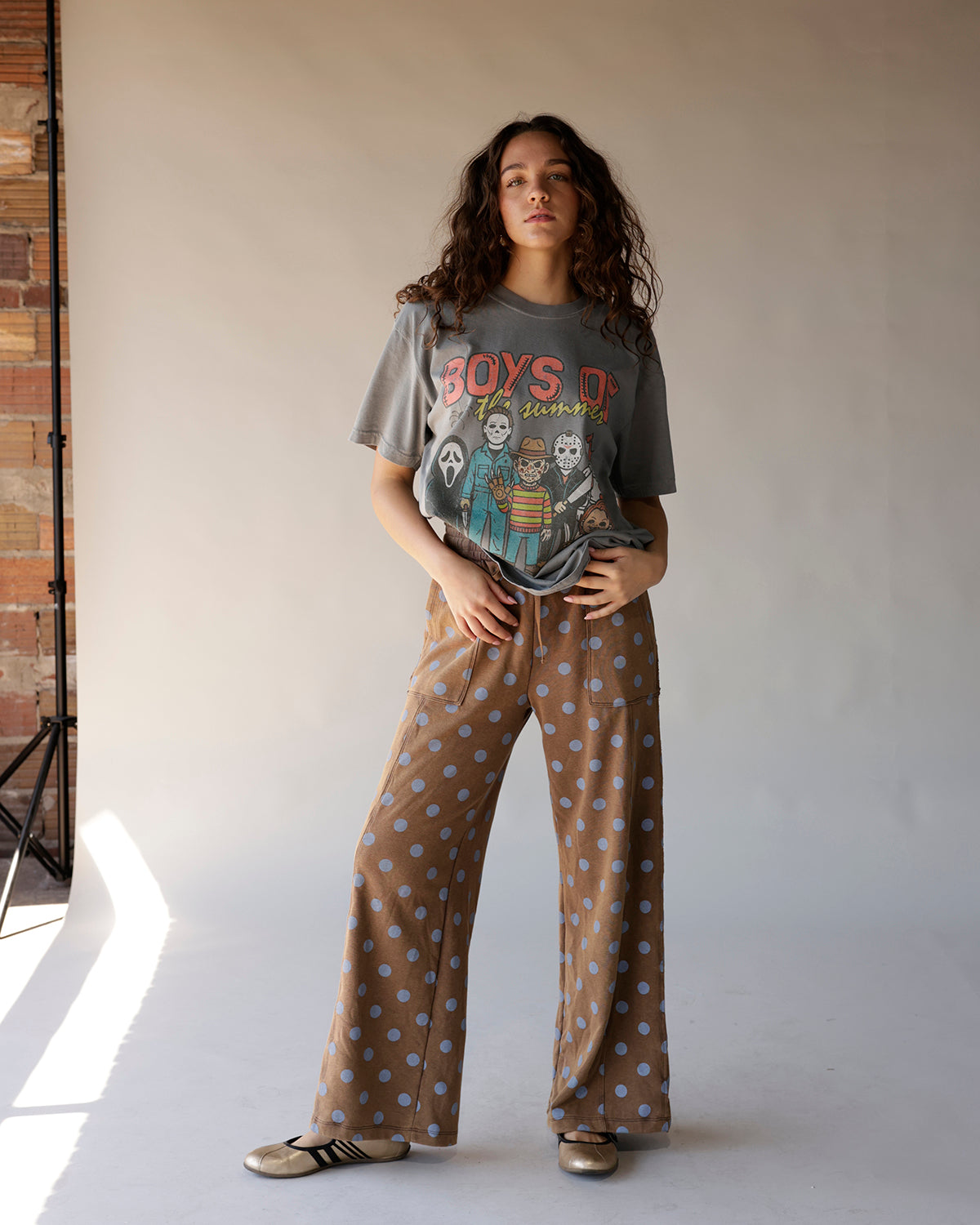 Washed gray graphic tee featuring horror movie characters and Boys of the Summer text