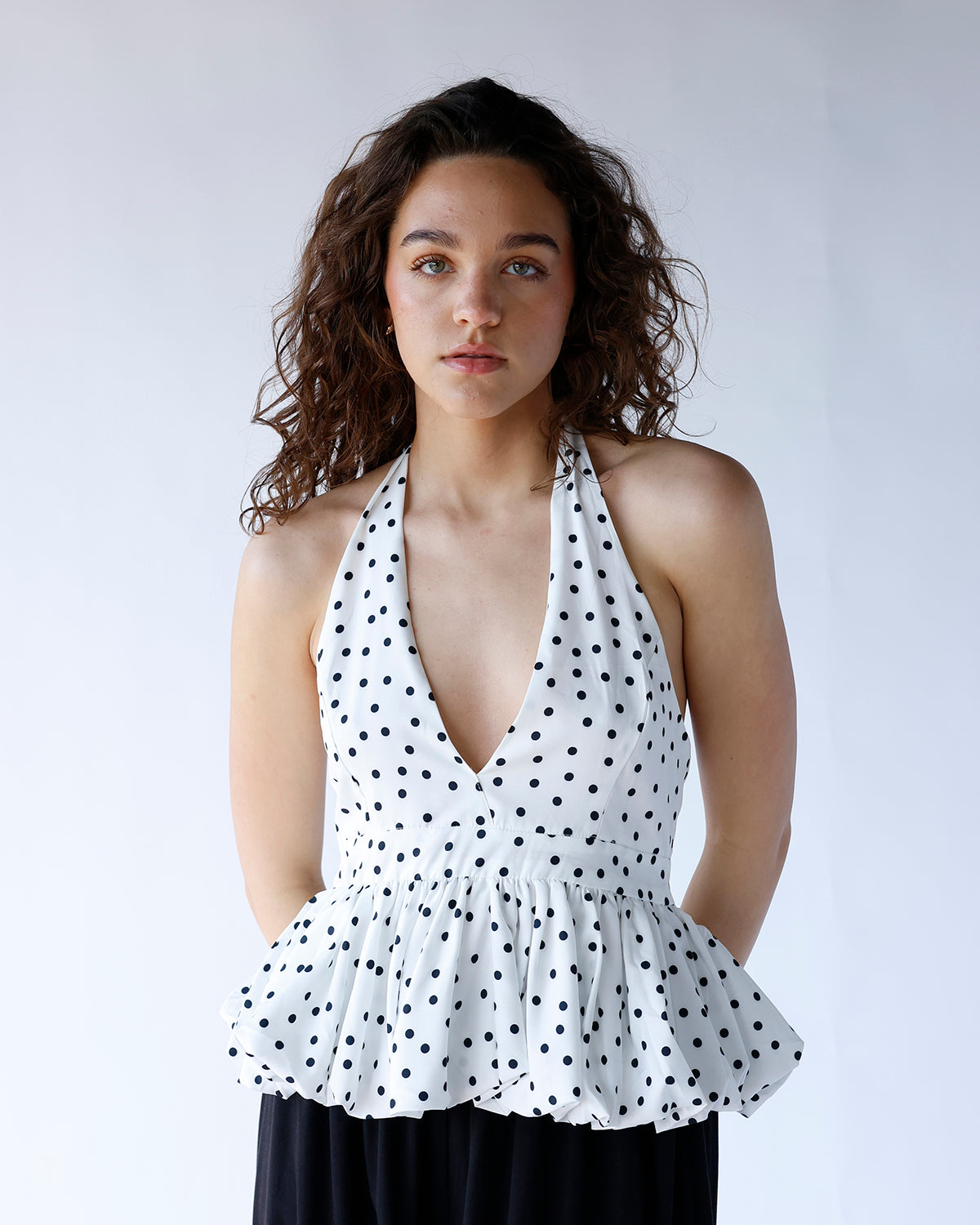 polka dot print deep v-neckline peplum halter top