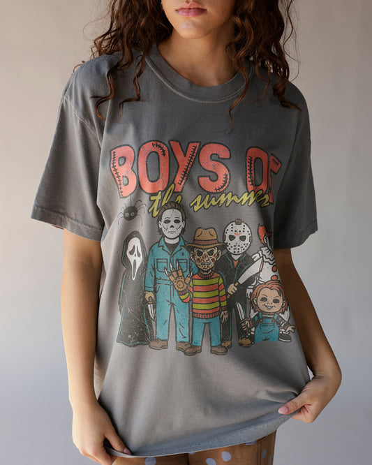 Gray oversized tee with horror movie characters and Boys of the Summer graphic print