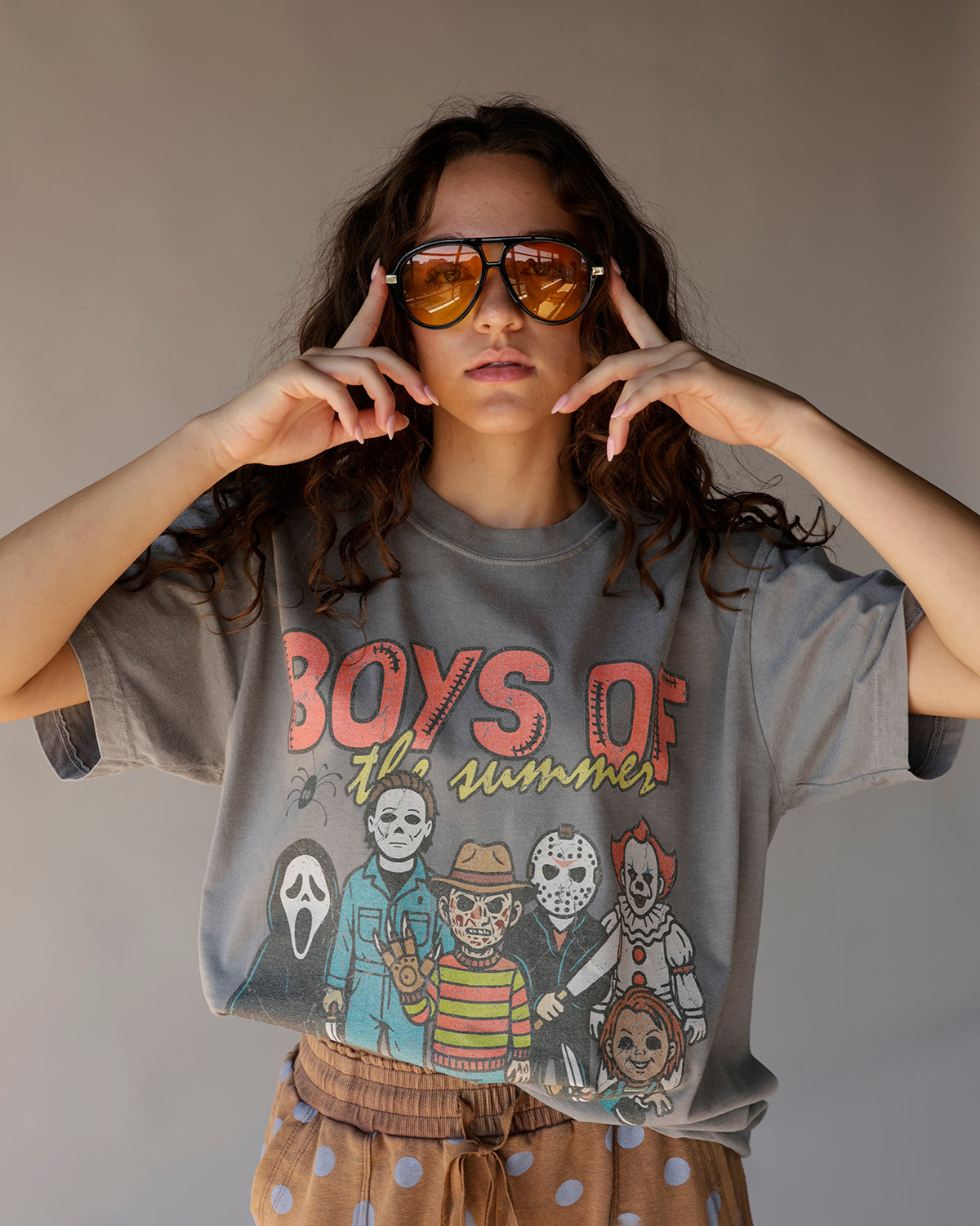 Washed gray graphic tee featuring horror movie villains and Boys of the Summer text