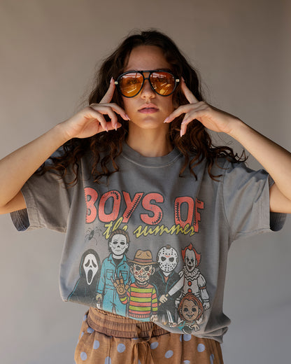 Washed gray graphic tee featuring horror movie villains and Boys of the Summer text