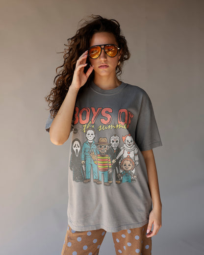 Oversized gray Boys of the Summer Halloween horror characters graphic tee