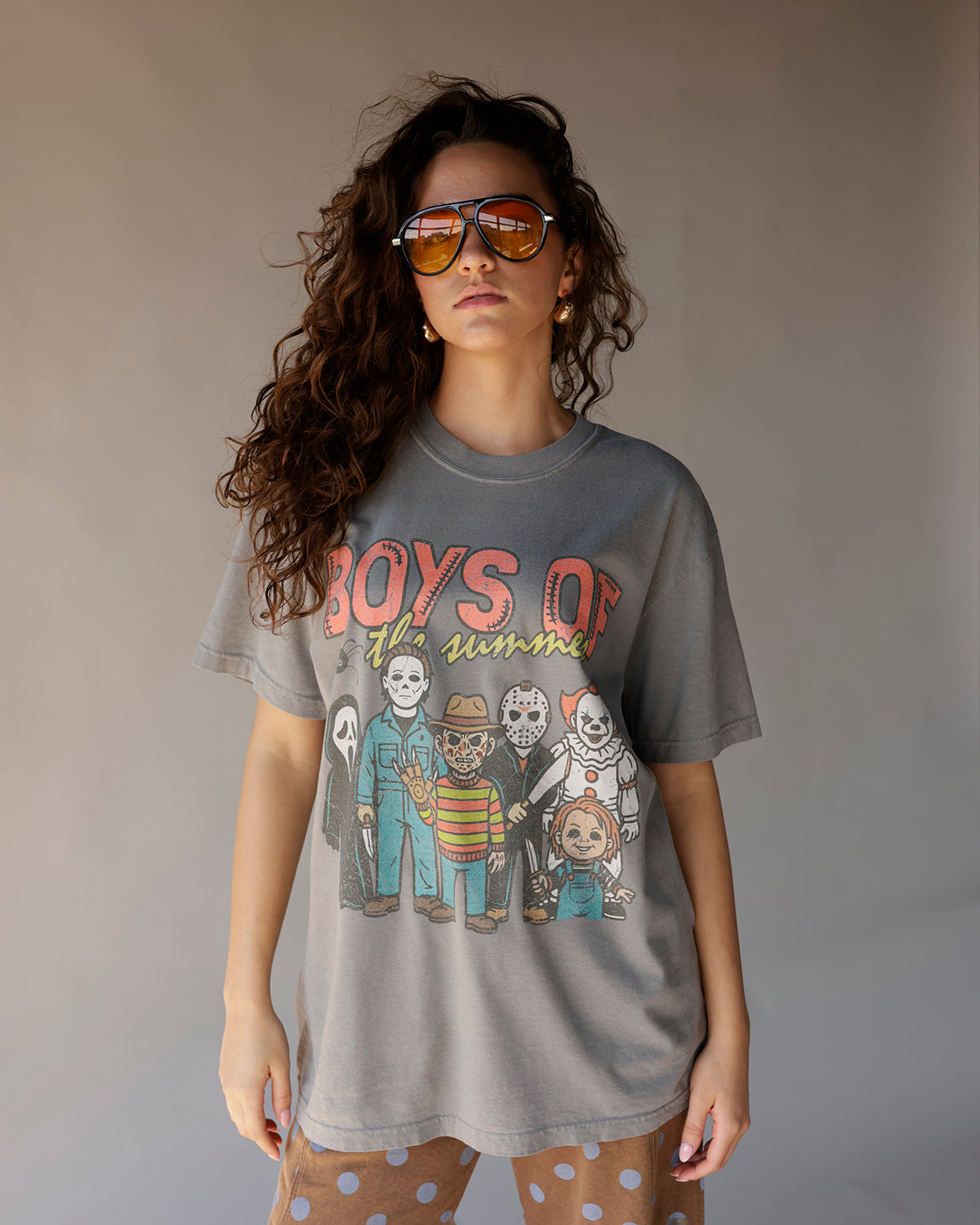 Gray oversized graphic tee with horror movie characters and Boys of the Summer text