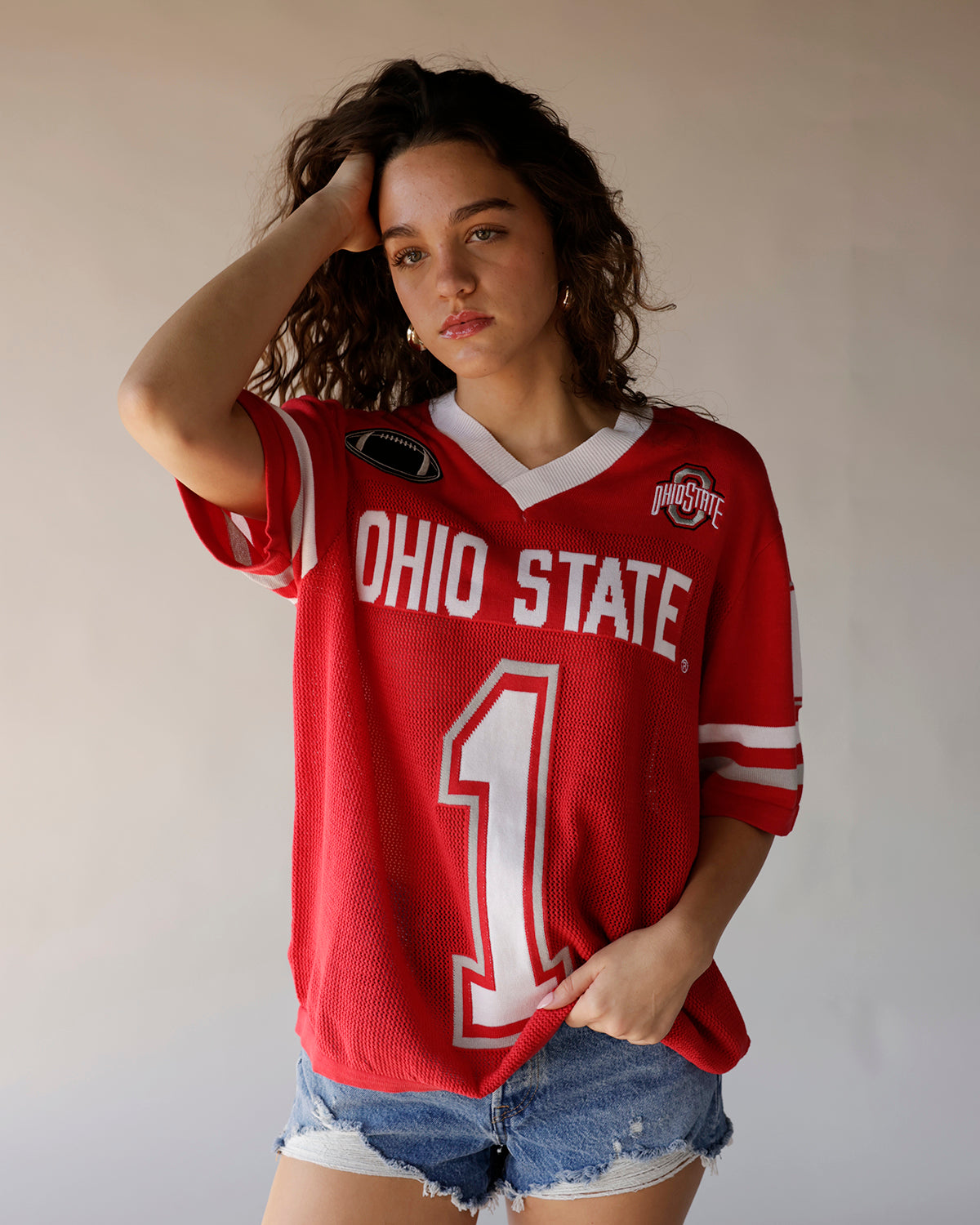 Women's red Ohio State #1 mesh football jersey with white lettering