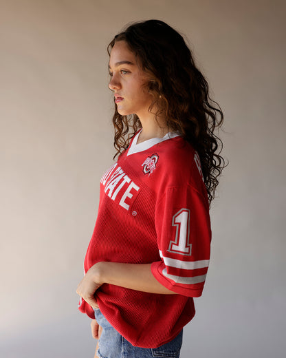Red Ohio State mesh football jersey with white lettering and number 1 sleeve