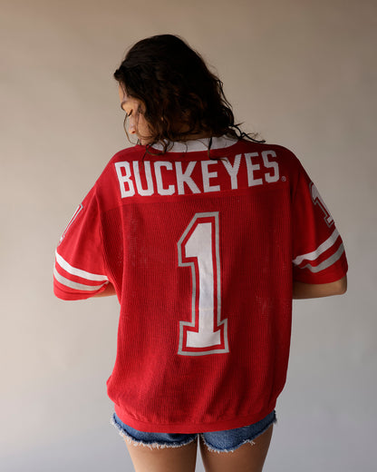 Red Ohio State Buckeyes #1 mesh football jersey with white stripes on sleeves