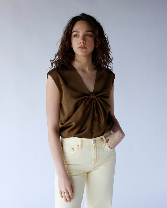 brown sleeveless satin v-neckline top with front knotted bow detail