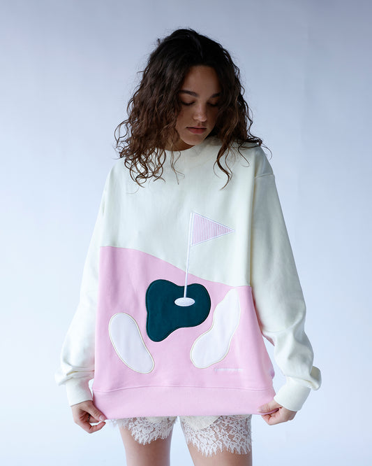 white and pink golf graphic mock neck sweatshirt