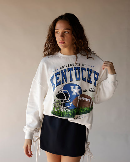 White University of Kentucky vintage football graphic crewneck sweatshirt with lace-up sides