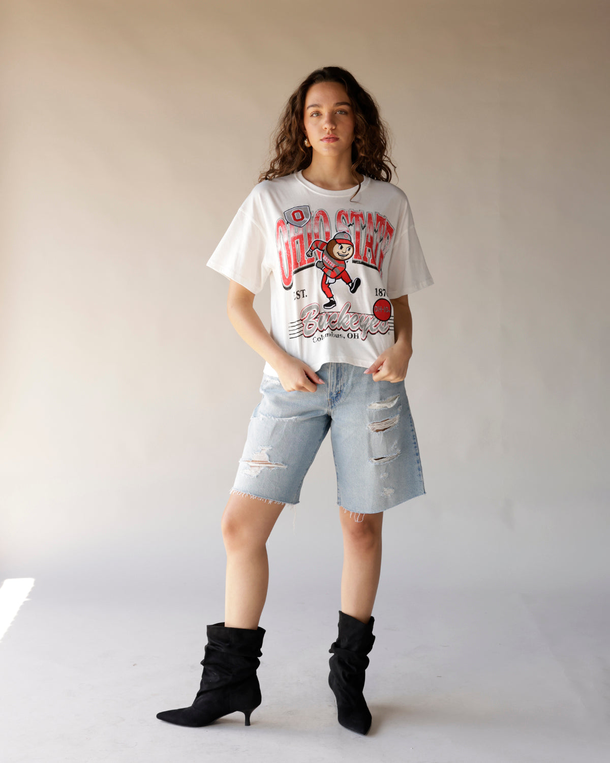White oversized Ohio State Buckeyes graphic tee with Brutus mascot print