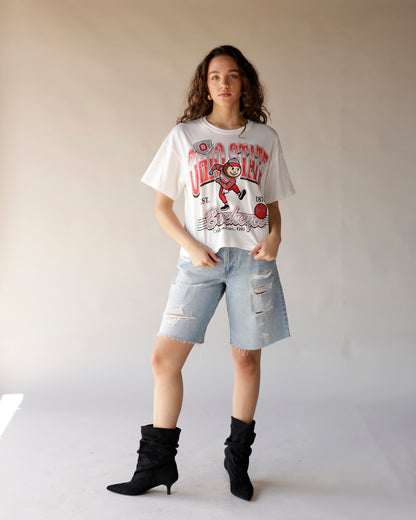 White oversized Ohio State Buckeyes graphic tee with Brutus mascot print