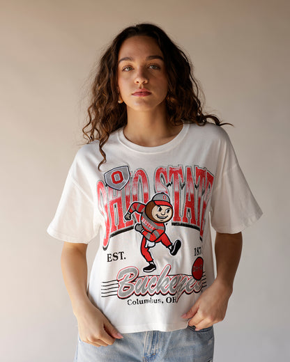 White oversized Ohio State Buckeyes Brutus graphic tee worn by female model