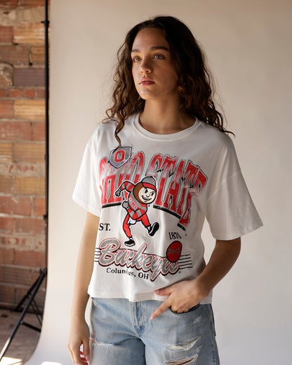 White oversized graphic tee featuring Ohio State Buckeyes Brutus mascot print