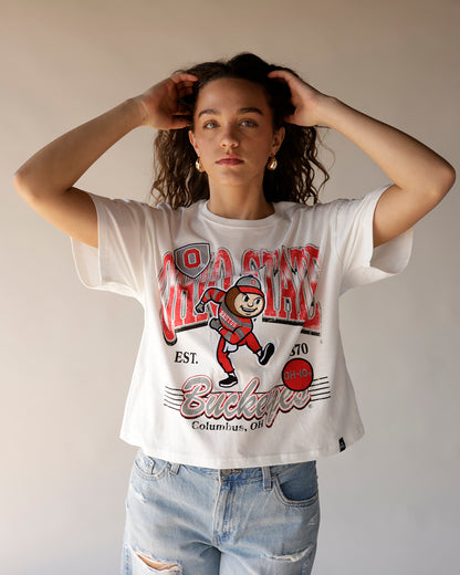 White oversized crop tee with Ohio State Buckeyes Brutus mascot graphic print