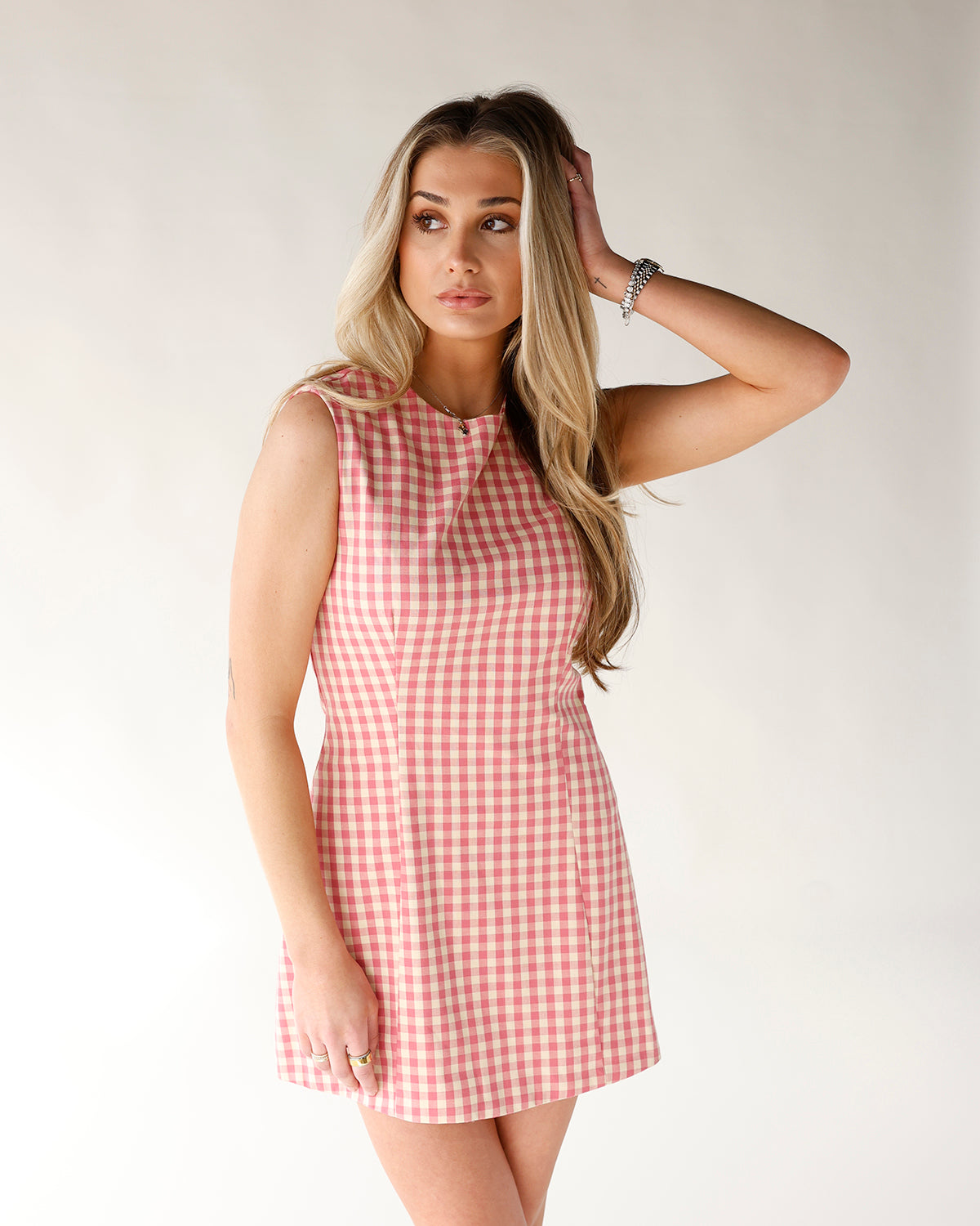 gingham print mini dress pink and white gingham sleeveless round neckline mini dress