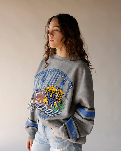 Gray Kentucky Wildcats football crewneck sweatshirt with blue stripes on sleeves