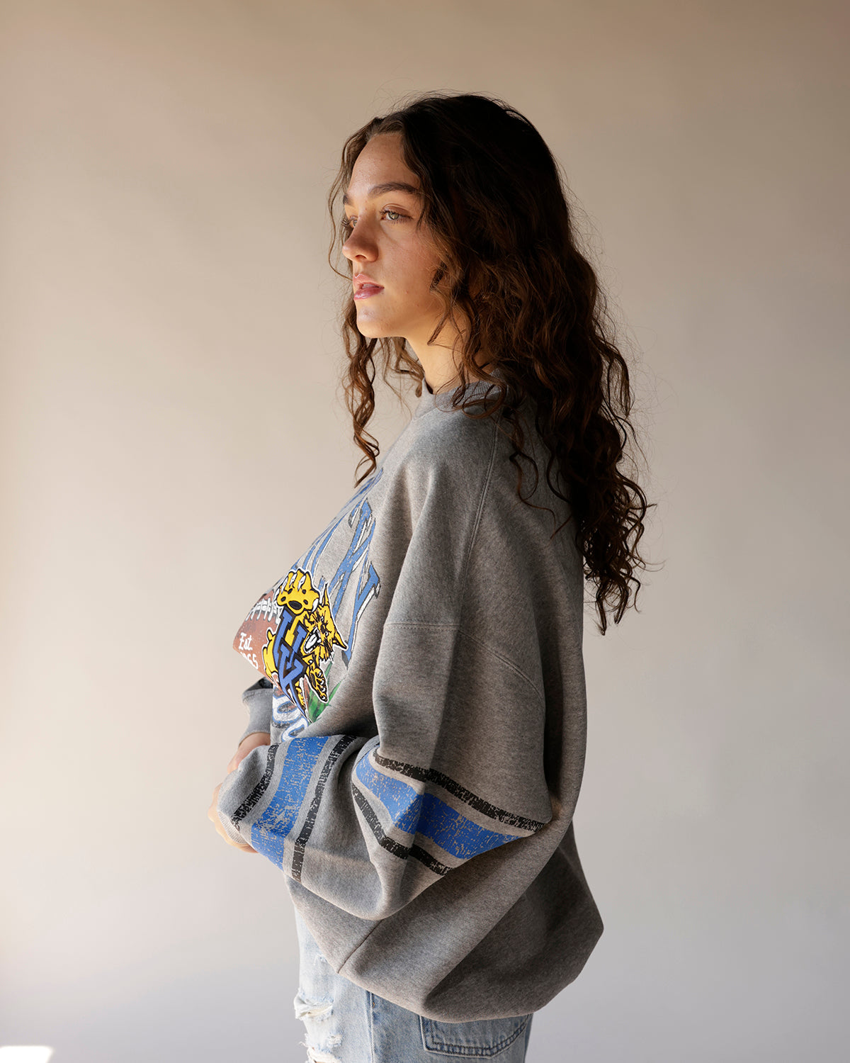 Oversized gray Kentucky Wildcats vintage graphic crewneck sweatshirt with blue stripe sleeves