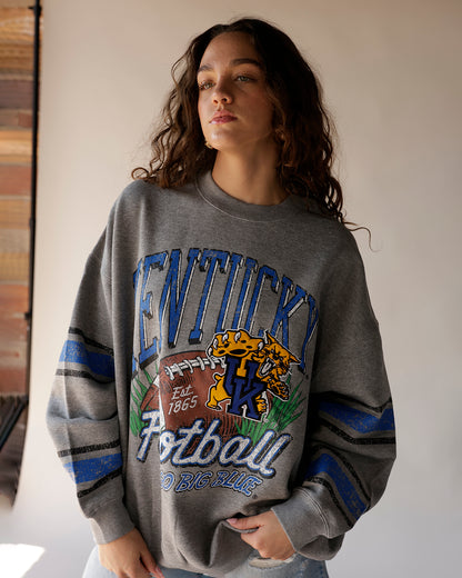 Gray Kentucky Wildcats football vintage crewneck sweatshirt with blue striped sleeves