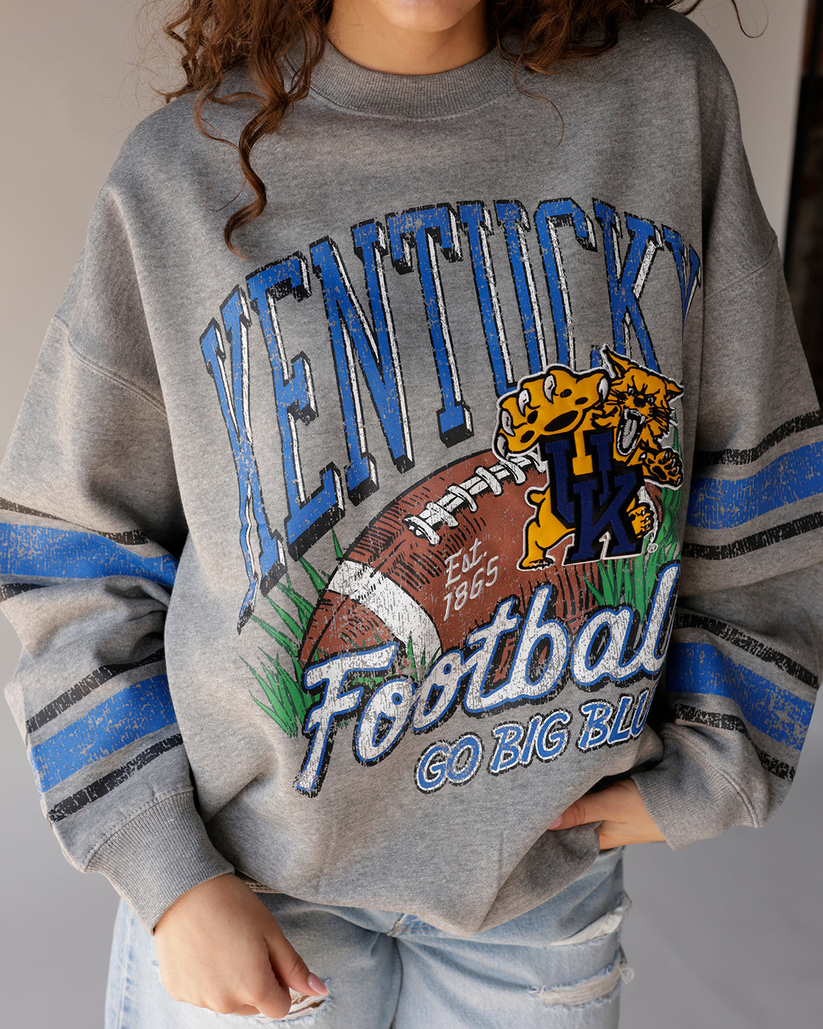 Gray Kentucky Wildcats football vintage crewneck sweatshirt with blue stripe sleeves