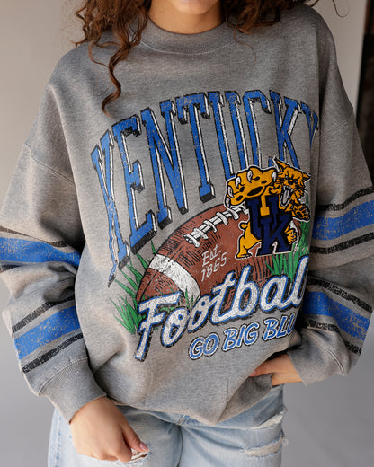 Gray Kentucky Wildcats football vintage crewneck sweatshirt with blue stripe sleeves
