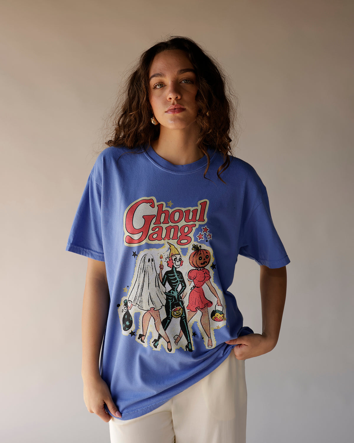 Salty Babe Threads blue oversized Ghoul Gang Halloween graphic tee with retro spooky characters