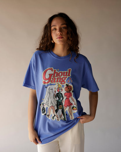 Salty Babe Threads blue oversized Ghoul Gang Halloween graphic tee with retro spooky characters